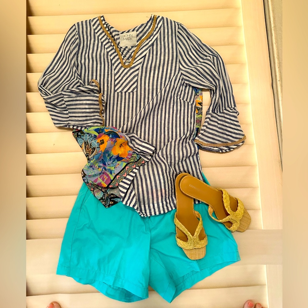 V neck tunic striped multi fabric top from John Paul, size L